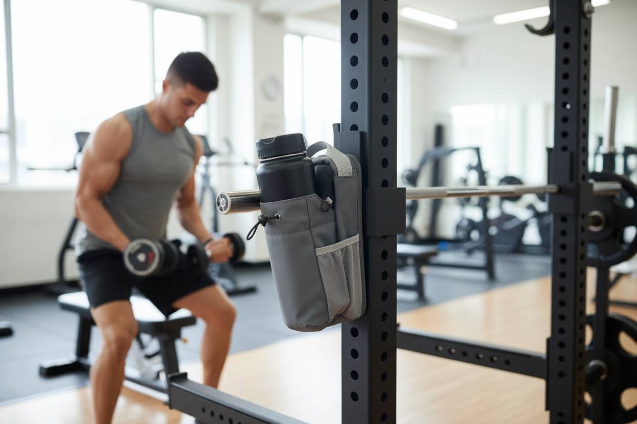 Magnetic gym pouch with repositioned bottle