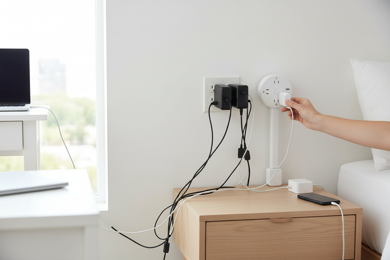 Rotatable power outlet extender in use